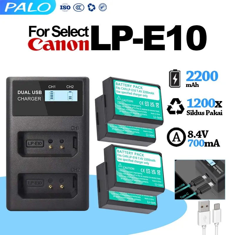 PALO Baterai LP-E10 2200mAh + Charger For Canon 1100D 1200D 1300D 1500D 2000D 3000D 4000D Rebel T3 T5 T6 T7 T100 Kiss X50 X70 X80 X90