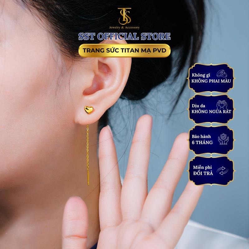 Bông tai nữ Titan SST Official Store Kiểu trái tim nhỏ dây tòn ten sang trọng đi tiệc Không Đen Gỉ BT01