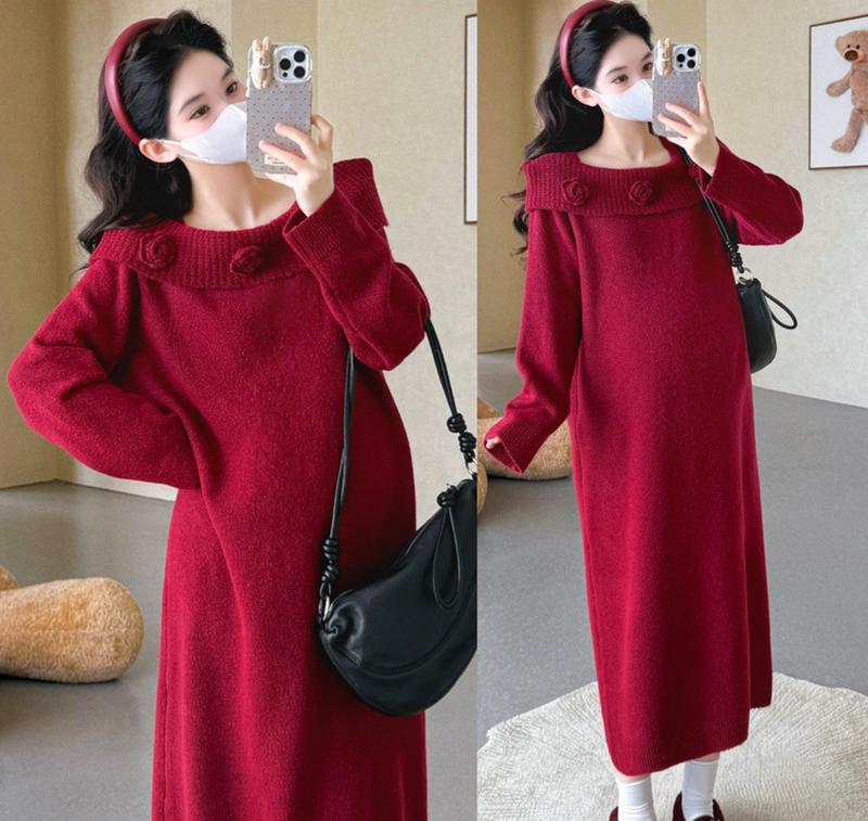 Young Mom | Đầm bầu len suôn A sang trọng DV263 phiên bản mới 2026 chất Len dày dặn hàng Thu Đông ấm áp Thai sản Thoải mái Váy Bầu Voi Kem Sandal