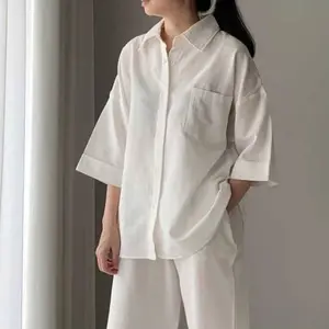 DAILYND Kemeja Linen Single Pocket Atasan Wanita Polos