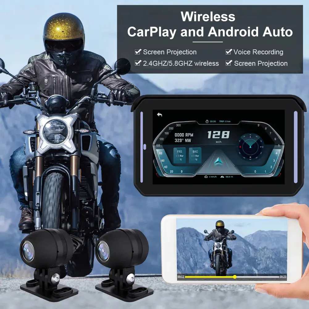 Motorcycle Navigator Wireless CarPlay with Dual Bluetooth Touch Screen Waterproof Driving Recorder Riding Accessories