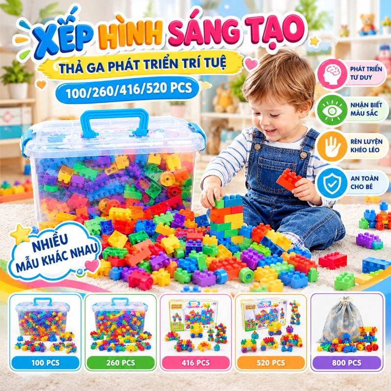 Bộ Đồ Chơi Lắp Ráp 520 Mảnh Phát Triển Trí Tuệ Cho Bé Từ 1 Tuổi, Giúp Rèn Tư Duy, Nhận Biết Màu Sắc & Hình Khối, An Toàn Tuyệt Đối Cho Trẻ Sơ Sinh