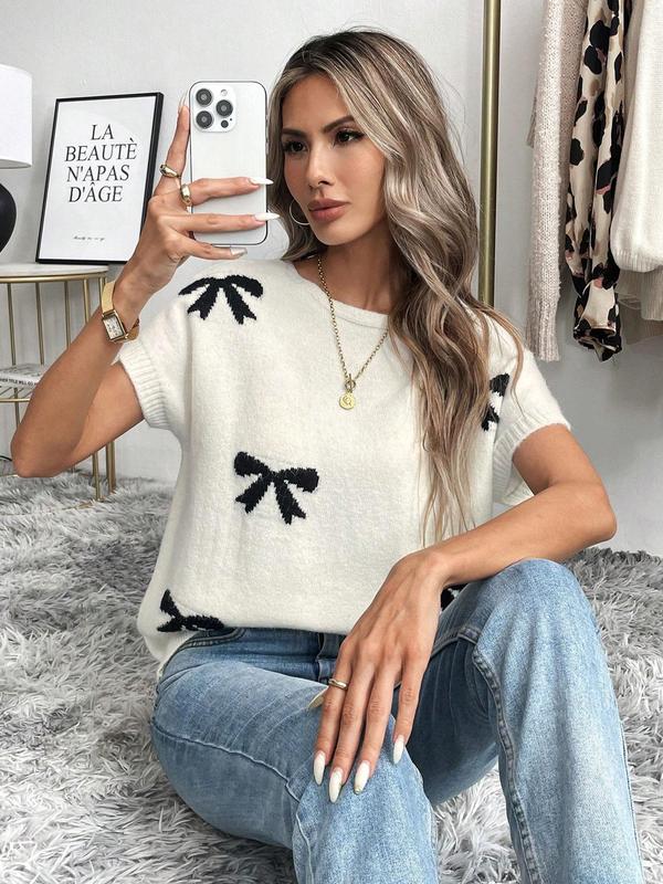 Women's Bow Pattern Crew Neck Sweater Pullover, Casual Short Sleeve Jumper for Summer, Fashion Women's Knitwear for Daily Wear 3
