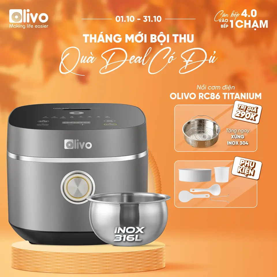 Nồi Cơm Điện OLIVO RC86 1.5L – Lòng Nồi INOX 304 Chống Dính Tự Nhiên, Công Nghệ Natural Air, 10 Chức Năng Cài Sẵn, Bảng Điều Khiển Cảm Ứng, Bảo Hành 24 Tháng, Chính Hãng