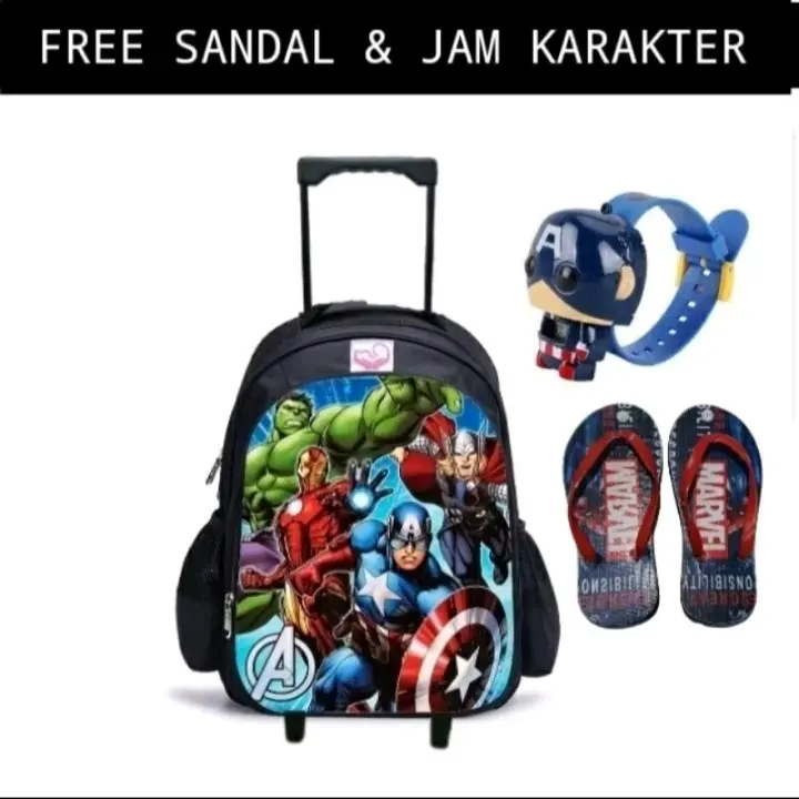 COD/ Paket Hemat 3in1 Tas Ransel Troli Anak Laki-laki/Ransel Troly Superhero Free Jam Tangan Dan Sandal spon 4