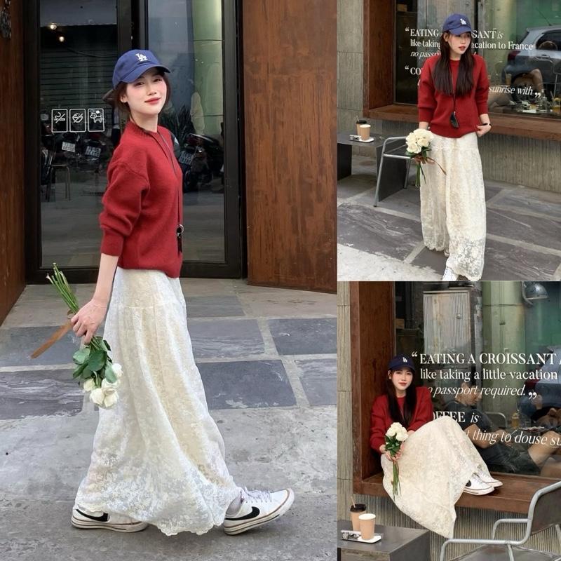  Chân váy dài ren mềm hai tầng ren hoa tiểu thư màu trắng kem  có lót mềm không lộ  