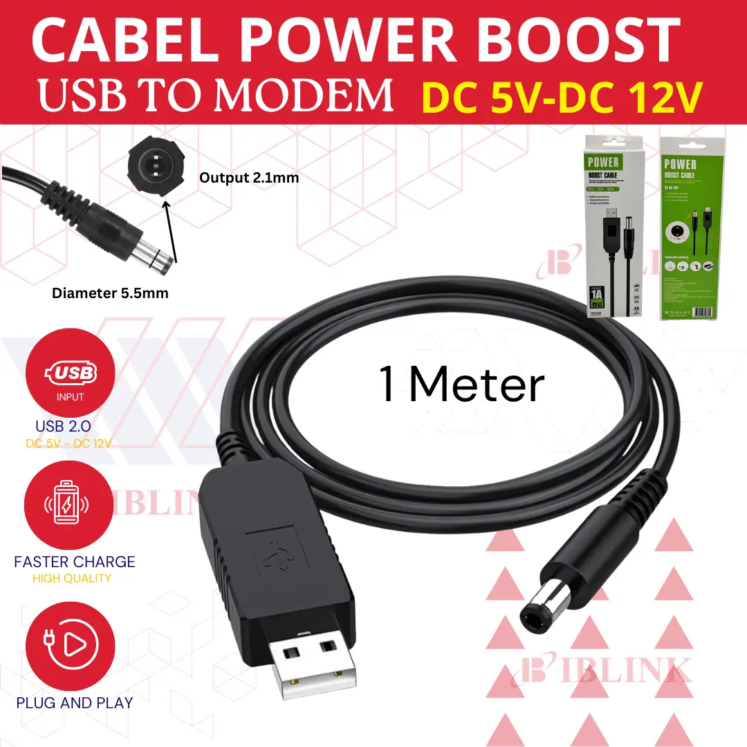 Kabel Step Up USB 5V To 12V DC Power Supply Charger Converter Adapter 5.5mm x 2.1mm Panjang 1 Meter / Kabel Step Up USB DC 5V To 12V Adaptor Powerbank Modem Kabel Konverter 1m USB DC 5V To Step-up 12V DC Jack 5,5mm x 2,1mm For Router Wifi Wi-Fi