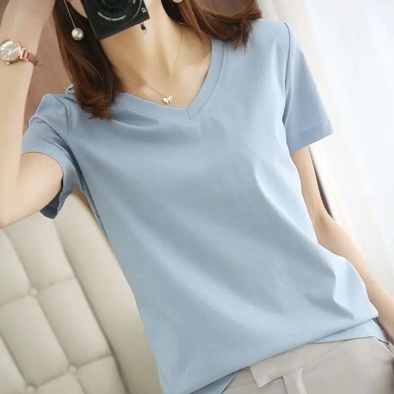 Áo Thun Ngắn Tay Cho Nữ, Áo Mùa Hè, Màu Trơn, Đơn Giản, Cổ Chữ V, Dáng Rộng, Dáng Ôm