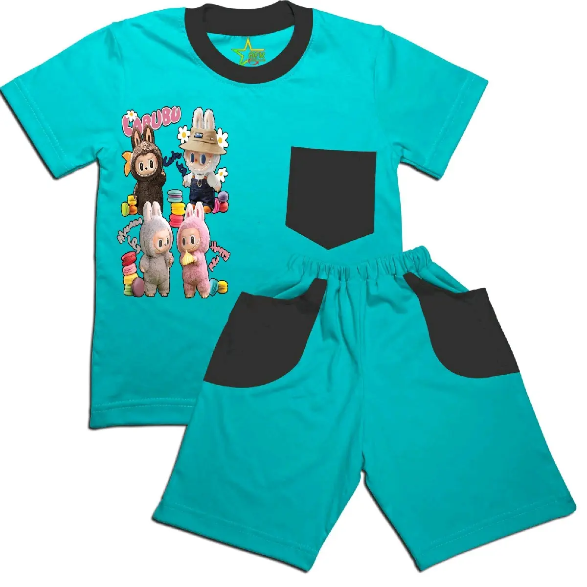 Stelan kaos anak Labubu berempat karakter Lucu Fashion Set Celana