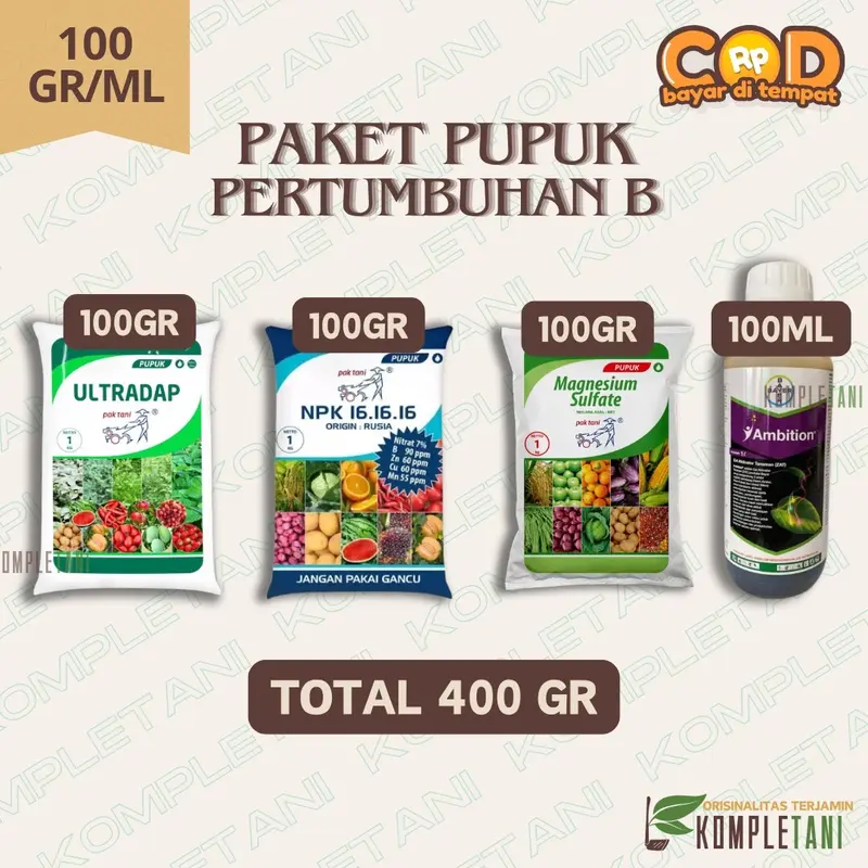 PAKET PUPUK PERTUMBUHAN B (100 GR) - AMBITION + ULTRADAP + NPK 16.16.16 BIRU + MAGNESIUM SULFATE 1