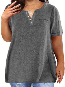 Playera de Talla Grande Lisa con Botones y Bolsillo, Cuello Redondo, Ropa de Verano para Mujer, Moda Casual de Manga Corta para el Verano, Ropa de Talla Grande para Mujer para Uso Diario