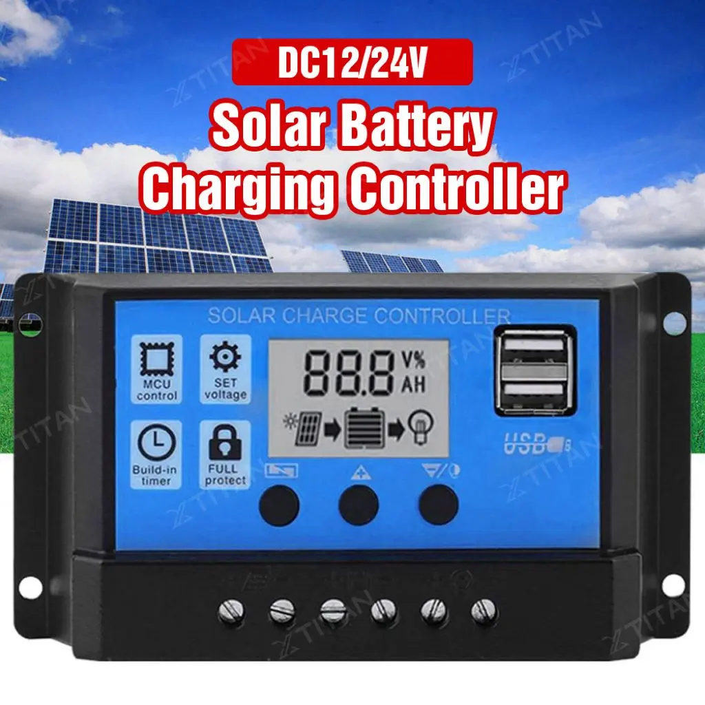 Solar Controller Panel Surya 10A 20A 30A Ampere Pengecas Aki Cell PWM Pengisi Daya Surya 12V 24V Charger Usb