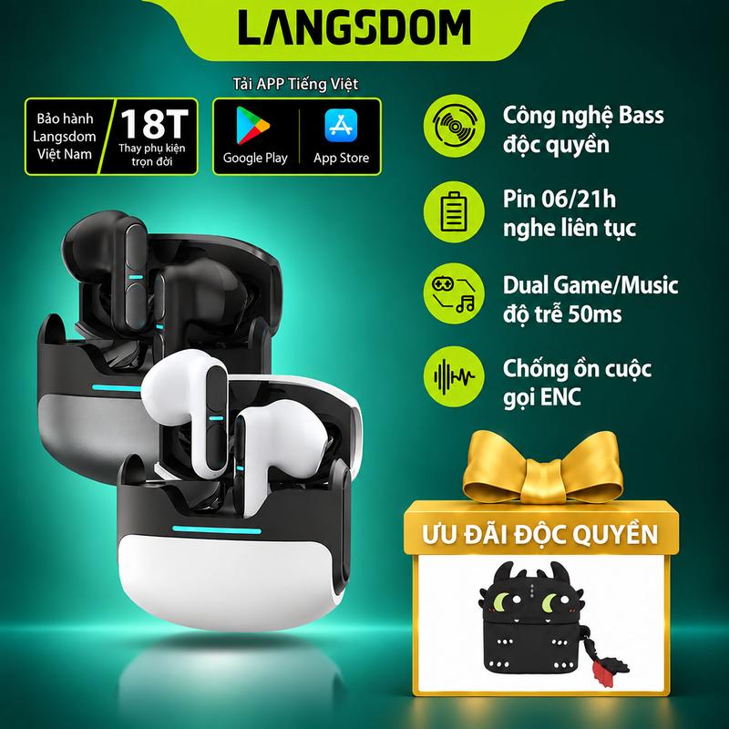 Tai Nghe Bluetooth Gaming Langsdom Theta, Bass cực căng, APP TIếng Việt, Độ trễ cực thấp 50ms, Pin tổng 21h, Míc chống ồn ENC, Chống nước IPX5