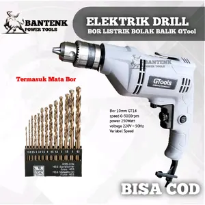 BOR LISTRIK GTOOL GT14 TERMASUK MATA BOR HSS 13PCS. MESIN BOR MAJU MUNDUR. BOR BOLAK BALIK Gtool 10MM