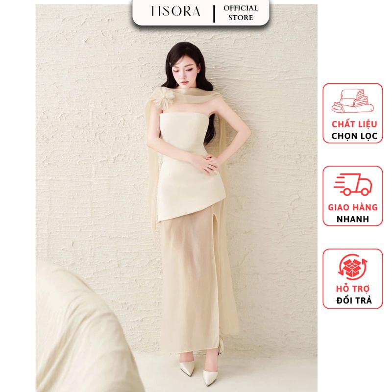 (Mới) Đầm dự tiệc cup ngực phối tơ (kèm khăn choàng đính hoa) - TISORA
