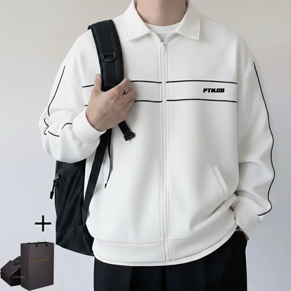 PLATINUM WORLD.ID Jaket Tracktop Bahan Kain Flecee Line Stripe Unisex Pria - Wanita
