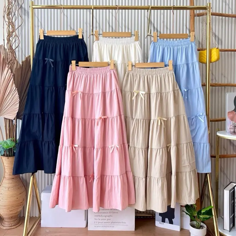 Promo [COD] Skirt Import Tumpuk Pita | Rok Import Renda | Rok Import Panjang | Rok Import Midi Full Furing Wanita Katun Polos
