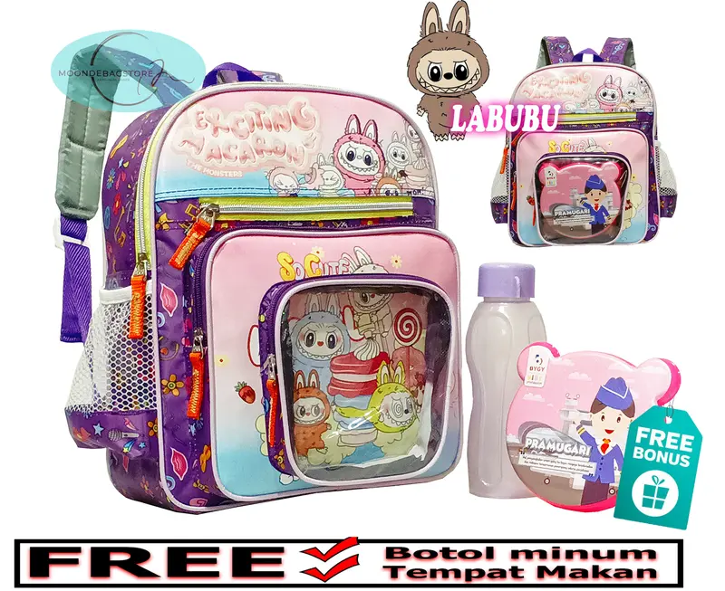 Tas Ransel Anak Perempuan PAUD-TK Karakter LABUBU MACARON TERBARU!! // M1044 Tas Sekolah Anak FREE Tempat Makan+Botol Minum 300ml// Fashion Kids // BISA COD!! 1
