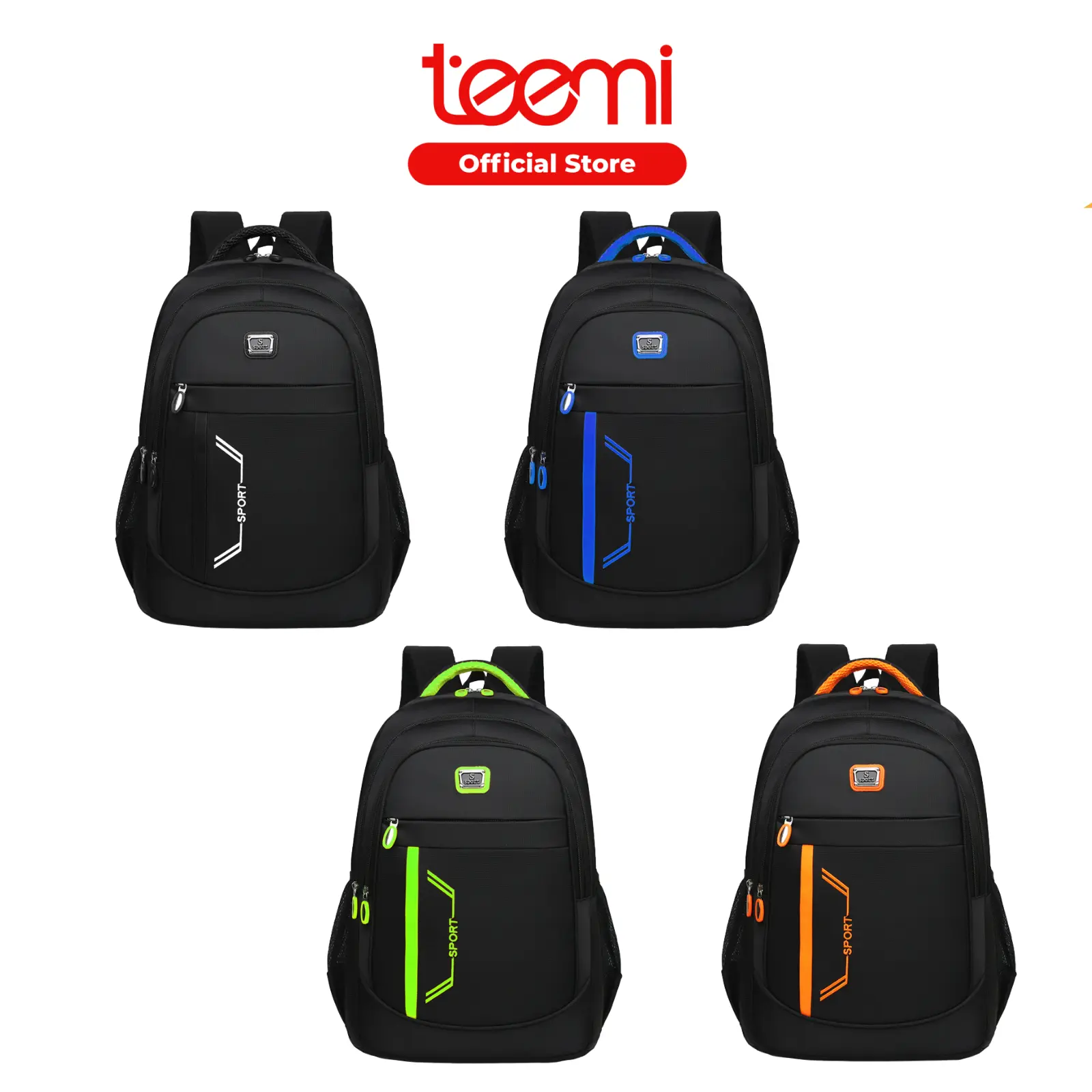 TEEMI 48cm Unisex Outdoor Backpack Bag Student Spacious Multi Compartment Water Resistant Beg Sekolah Budak College Black Blue Orange Green Fabric Waterproof Motor Zipper