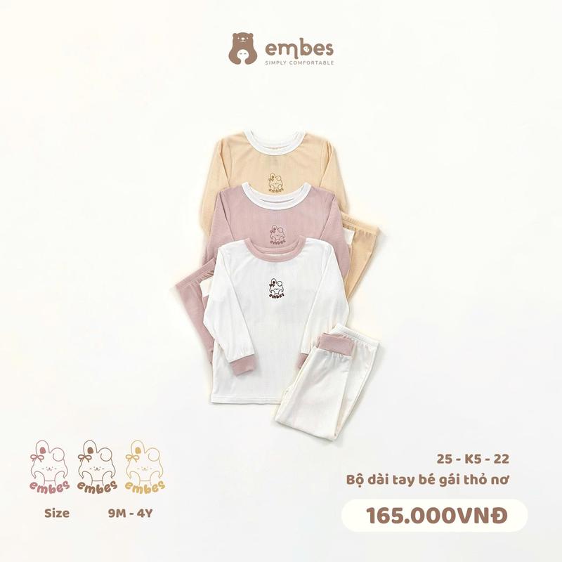 Bộ quần áo dài tay thỏ nơ vải tăm cho bé gái Embes Việt Nam từ 9 tháng - 4 tuổi - 25-K5-22