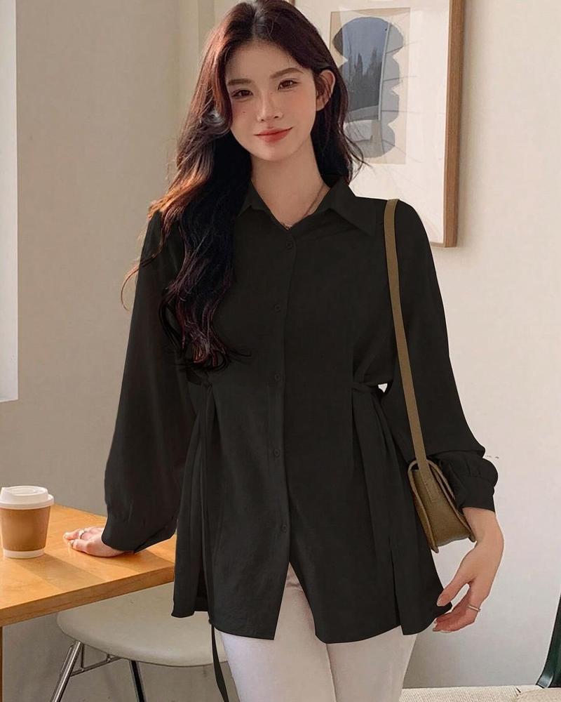 Product Introduction of Kemeja Sakura Polos Atasan Wanita Oversize Bahan Crinkle Korean Style Terbaru kancing Panjang Baju Fit Tangan 2