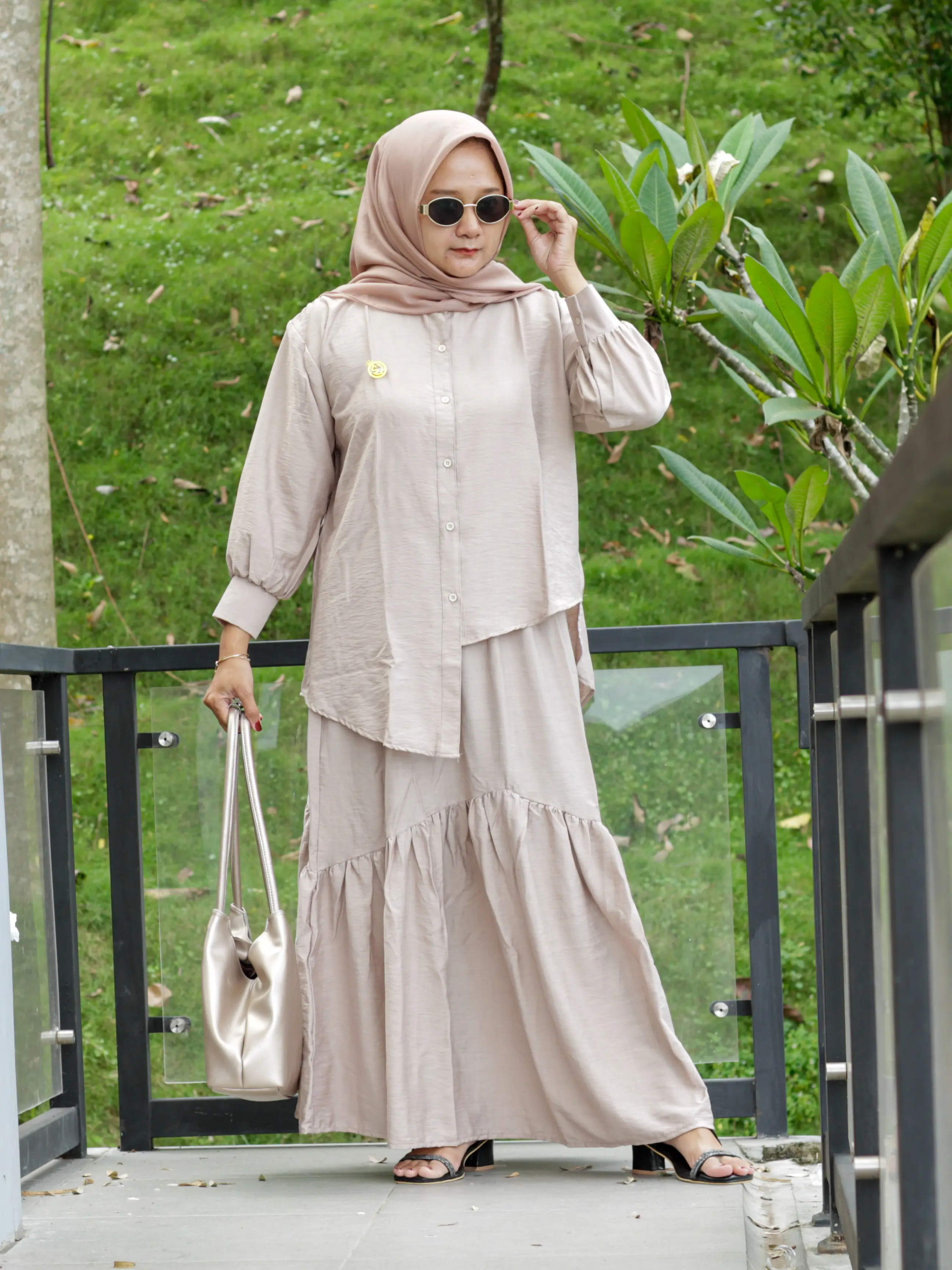 One Set Rok Wanita Mewah Katun Polo linen Premium Setelan Atasan Kemeja dan Rok Kekinian