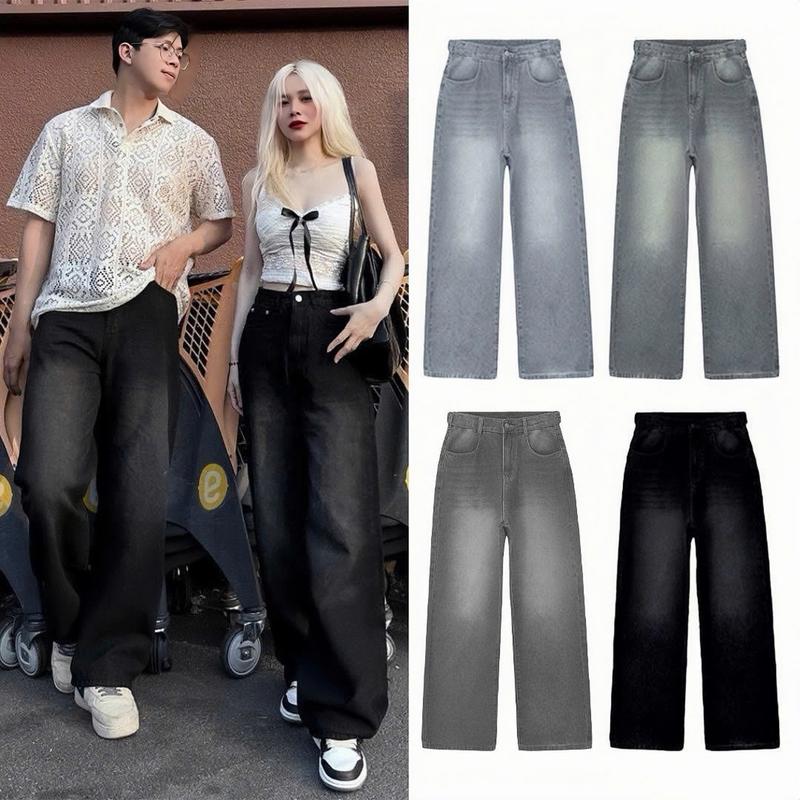 KHÔNG XÙ LÔNG Quần Jeans Dài Cotton NQ30 Ống Rộng Cạp Cao Tôn Dáng Nam Nữ Unisex
