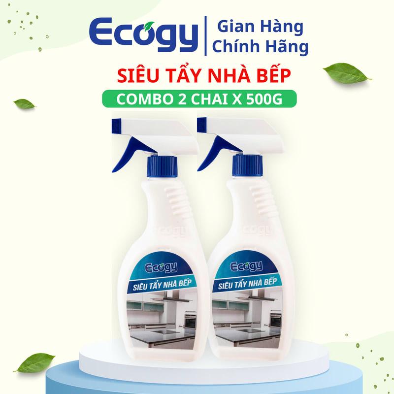 [ECOGY]; COMBO 2 chai Siêu tẩy nhà bếp 500g/chai; Hỗ trợ làm sạch các vết dầu mỡ, vết cháy dầu mỡ bám chặt dưới đáy xoong chảo, bề mặt bếp gas, bếp từ, bếp nướng, máy hút mùi, chậu rửa bát. Sản phẩm dạng nước.