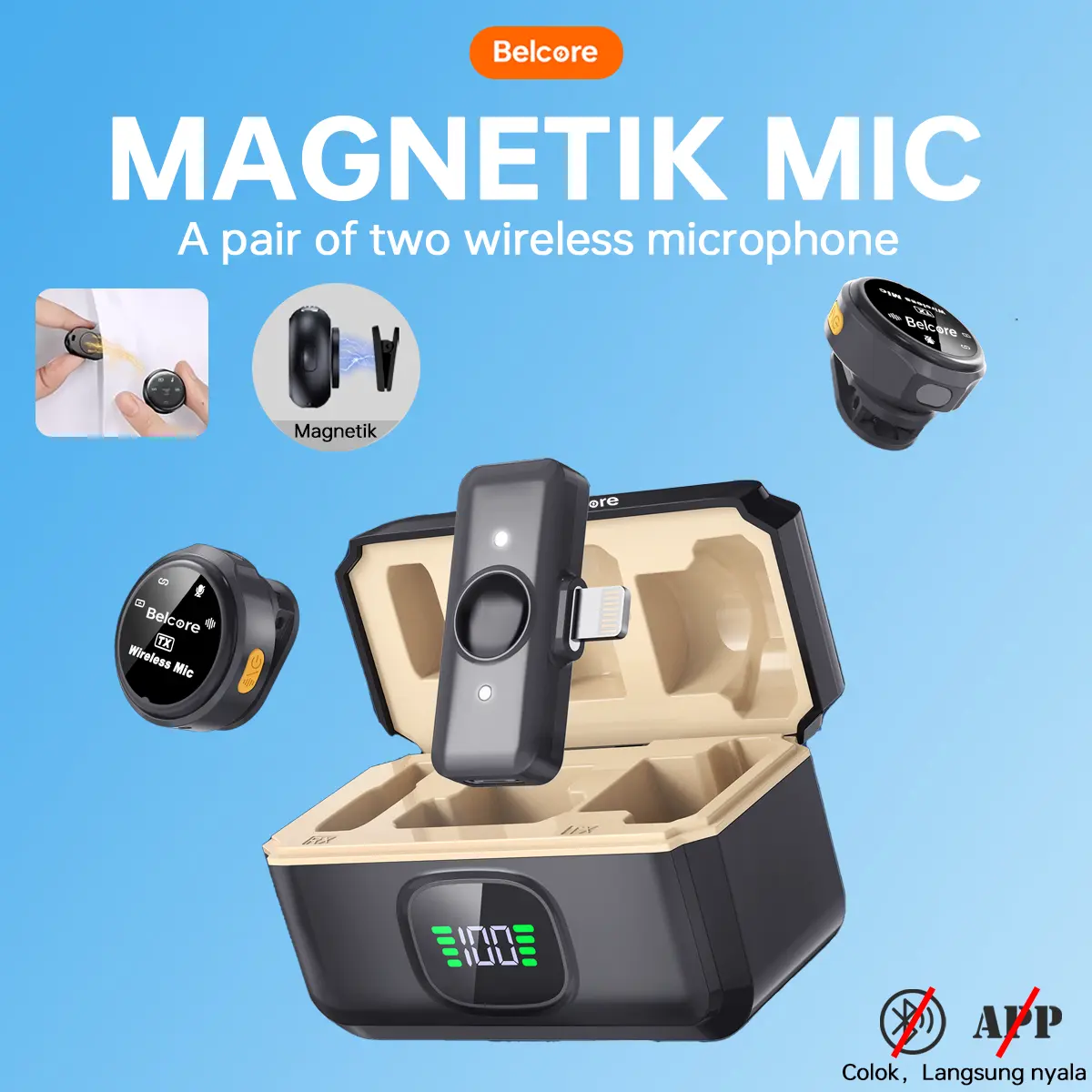 Belcore D80  Magnetic Wireless2-In-1 Clip on Microphone Dual Lavalier HP Plug & Play Lapel Mic with Charging Case Mikrofon for TikTok YouTube Facebook Live Stream Vlog Video Recording Noise Reduction Auto Sync