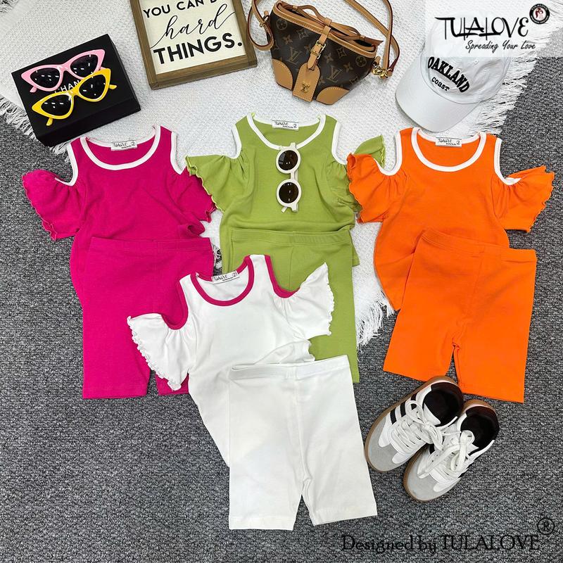 BỘ ÁO KHOÉT VAI + LEGGING ĐÙI CHO BÉ GÁI TULALOVE, Combo Quần Áo Mùa Hè Cho Bé Gái