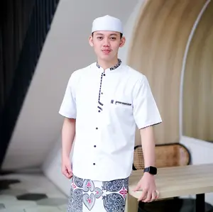 Baju Koko Pria El Rumi Lengan Pendek  Kombinasi Batik Lis Kain Toyobo - Atasan Muslim Putih