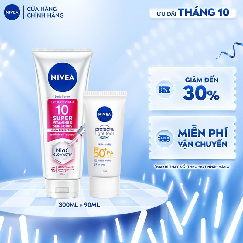Bộ đôi Serum Dưỡng Thể NIVEA 10 Super Vitamin & Skin Foods 300ml & Kem chống nắng NIVEA SUN Protect & Light Feel SPF50+ PA+++ 90ml - 93824+86018