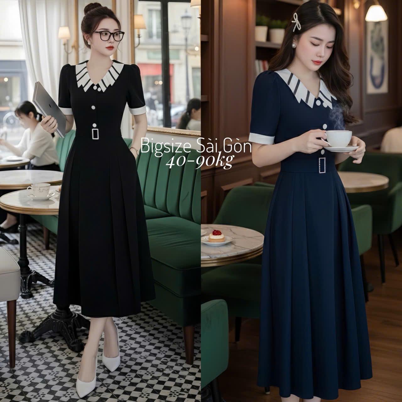 Váy Dự Tiệc Cổ Sọc Phối Vải Cotton Lạnh Bigsize 40 - 95Kg Thời Trang Nữ  - A.1405