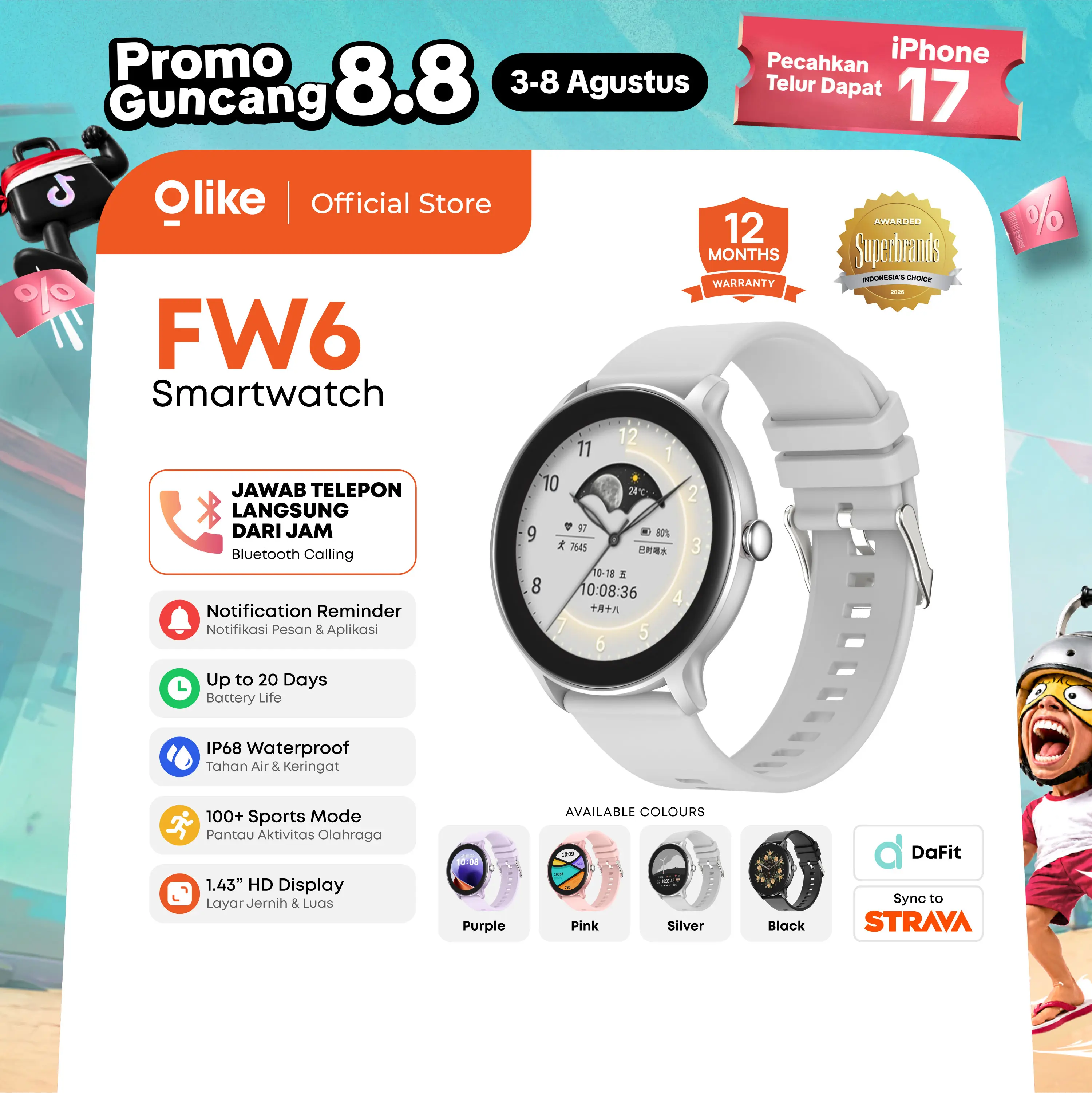 [8.8 SALE] Olike FW6 Smartwatch Bluetooth Calling Baterai 20 Hari | Jam Tangan Pintar 1.43" HD Round Screen IP68 Waterproof | 100+ Sports Mode Sync Strava | Garansi 1 Tahun