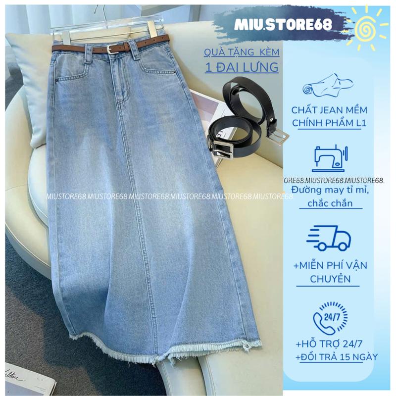   DEAL MỞ BÁN- TẶNG ĐAI LƯNG  Chân Váy Jean Dáng Dài Tua Gấu Chân Váy Chữ A Lưng Cao Vải Jean Mềm Cao Cấp M019* Women Voan Voi 
