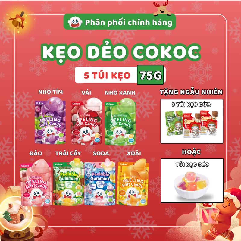 Combo 300-375g 5 Túi Kẹo Dẻo Bóc Vỏ COKOC Tặng 1 Túi Kẹo Ngẫu Nhiên – Snack Gia Đình Vị Trái Cây Tự Nhiên không chất bảo quản ăn vặt thơm ngon