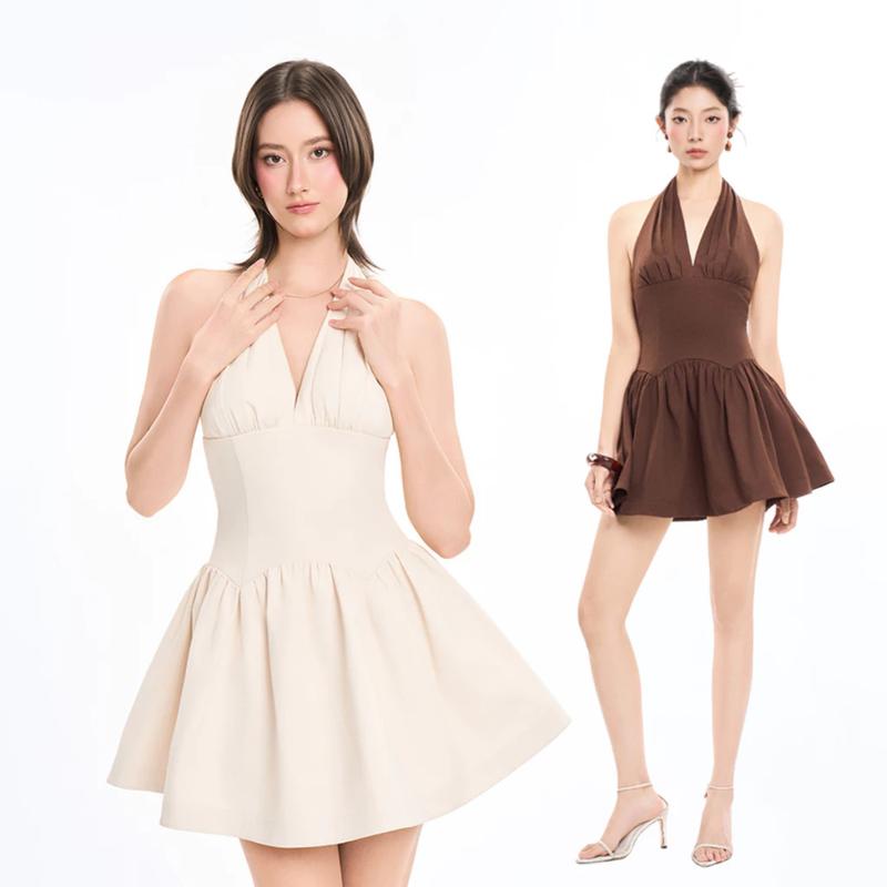  RECHIC Đầm ngắn Boone cổ yếm sát nách phối tùng xòe trẻ trung thanh lịch 