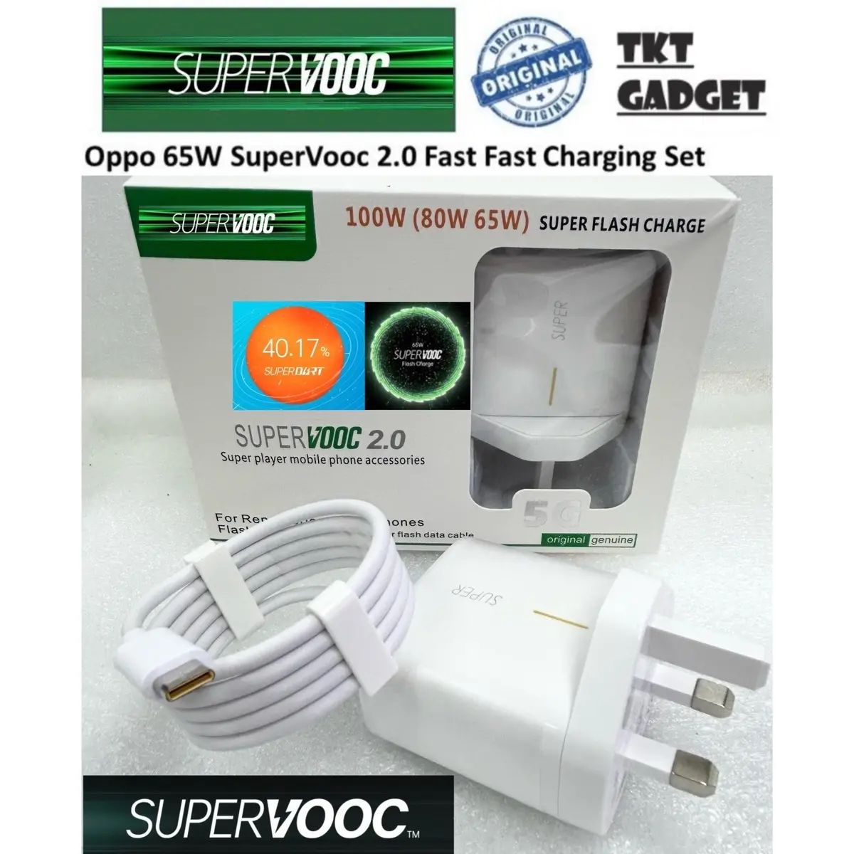 Oppo 65W SuperVooc 2.0 Fast Charger UK Plug with Free SuperVooc Type C Fast Data Cable Original Pengecas Accessories Phone