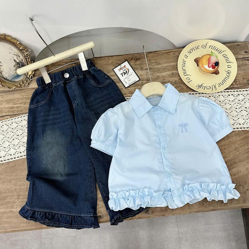 [Nini Kids]-Sét áo thêu nơ kèm quần Jean mềm cho bé Gái chất liệu mềm mát đủ size 10-35kg ( H12 Jean- xanh trắng )