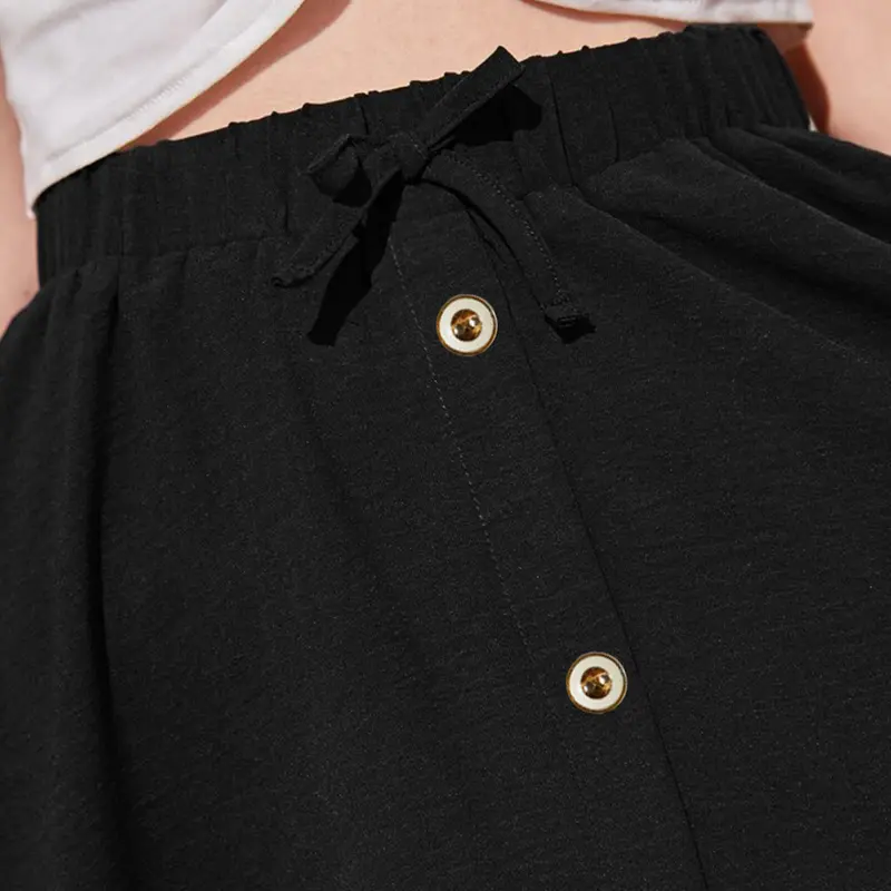 Rok Midi Selutut Pita Korea Terbaru Bahan Crinkle Jatuh dan Nyaman Digunakan Hiasan Kancing Hitam A-Line Cantik Airflow  wanita original rok hitam 1
