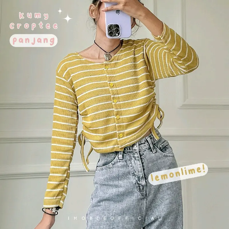 kumy crop stripe lengan panjang / atasan waffle garis crop / blouse serut korea 6