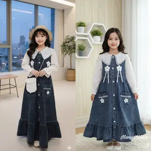 MW-SHOP - Gamis Jeans Bunga Mix Brukat Anak Perempuan Usia 3 - 10 Tahun Free Tas / Fashion Raya Denim Anak Full Kancing - Baju  Gamis Lebaran Anak Model Korean Style