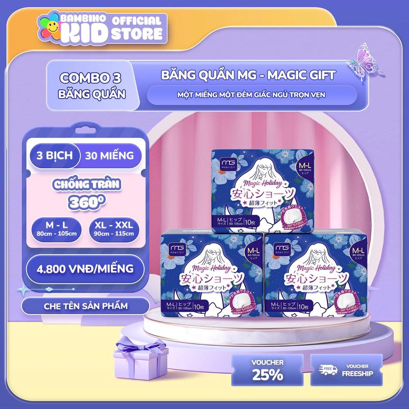 Băng quần vệ sinh MG Magic Holiday co giãn 360°, nhẹ và thoáng khí, 1 gói 10 miếng riêng biệt, 2 kích cỡ: M–L / XL–XXL