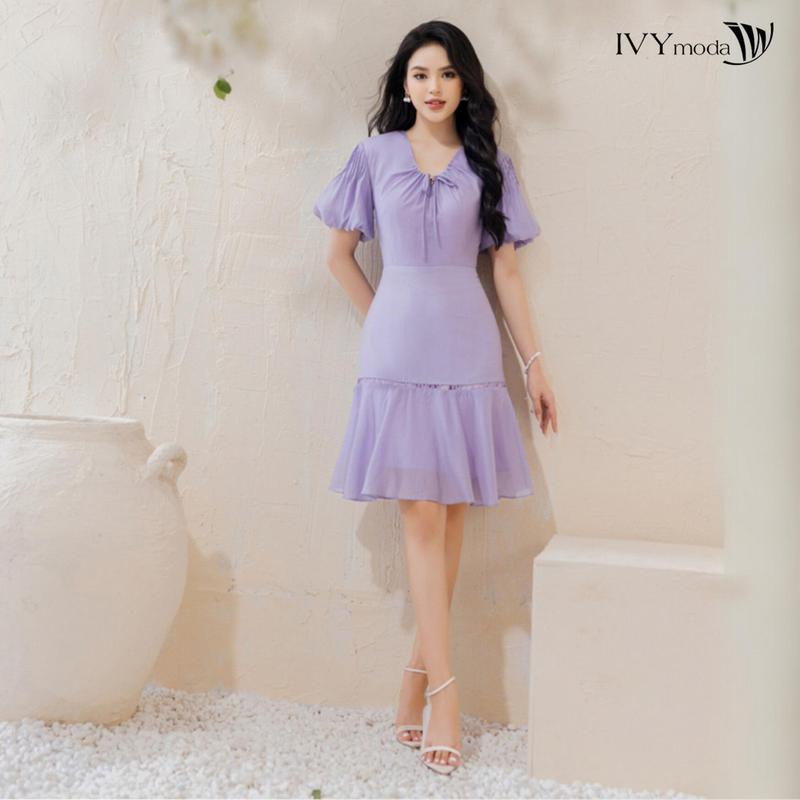 Đầm lụa đuôi cá phối nơ IVY moda dành cho Nữ MS 48M8280