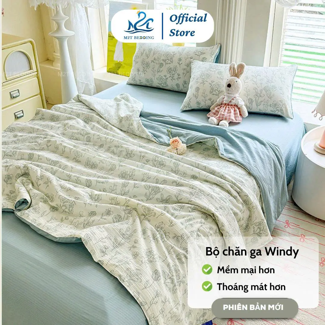 Bộ chăn ga gối Windy M2T BEDDING gồm 1 ga giường, 2 vỏ gối nằm và 1 chăn hè chần bông mềm mại, thoáng mát, thấm hút mồ hôi