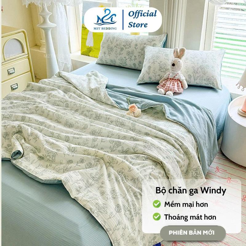 Bộ chăn ga gối đũi Windy M2T BEDDING gồm 1 ga giường, 2 vỏ gối nằm và 1 chăn hè chần bông mềm mại, thoáng mát, thấm hút mồ hôi
