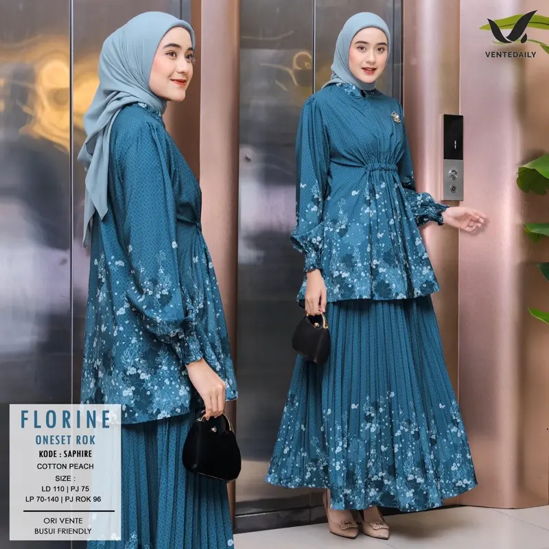 Florine OneSet Rok Premium Syari Panjang untuk Wanita Muslim Baju Dewasa Dress Remaja Lebaran Pesta Rok Plisket Nyaman Kondangan Satin Setelan