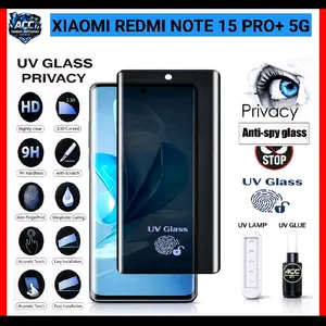 UV Tempered Glass Privacy Layar Lengkung Untuk Xiaomi Redmi Note 15 Pro+ 5G Anti Spy, Full Cover, Support Fingerprint