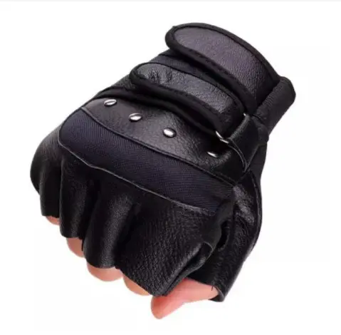 Sarung Tangan Motor Semi Kulit Knucle besi Unisex Half Finger 2 Strap 4