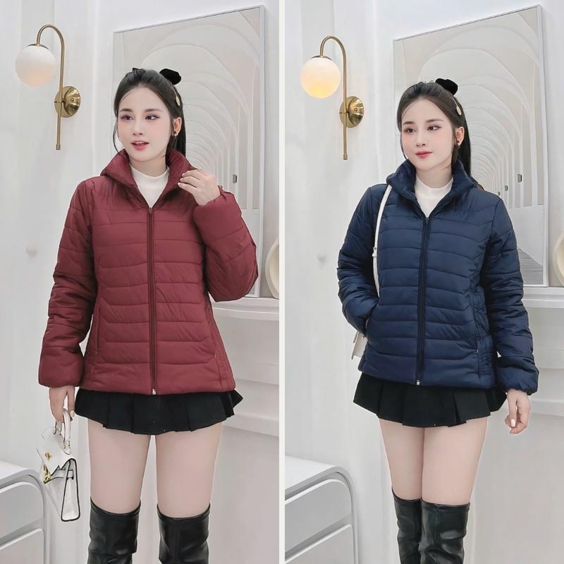 ÁO KHOÁC PHAO TRUNG NIÊN KÉO KHÓA TRƠN CÓ MŨ TRẦN BÔNG ẤM ÁP ĐỦ SIZE 50KG-70KG Nữ Top Women Đỏ Kem Jacket